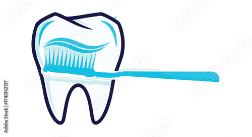 Stylized illustration of a tooth being brushed with a blue toothbrush and toothpaste, isolated on transparent background