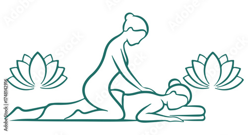 Stylized line art depicting a massage session with lotus flowers, symbolizing relaxation and wellness isolated on transparent background