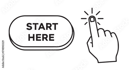 Start here button with a hand cursor pointing to it, isolated on transparent background