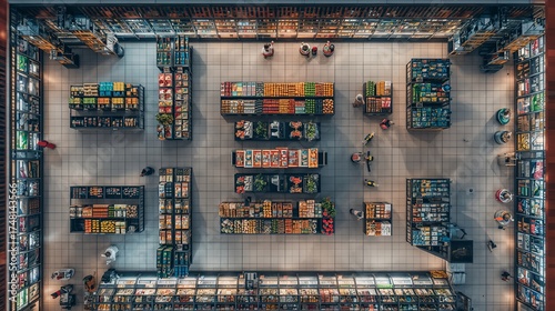 An overhead view of a modern supermarket with shelves stocked with various products and few people. The lighting creates a bright and inviting atmosphere.