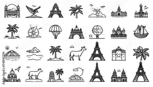 A diverse collection of hand-drawn travel and adventure icons, featuring famous world landmarks, exotic destinations, and symbols of exploration