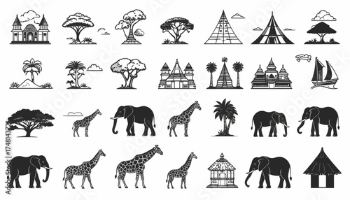 African Safari and Culture Icon Set Silhouettes of diverse wildlife, savannah trees, traditional huts, and architectural landmarks for adventure designs
