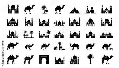 Silhouette Icons Set of Middle Eastern Architecture, Camels and Palm Trees