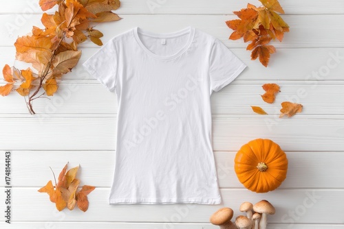 Shirt Mockup Fall. White Women's Cotton T-shirt with Pumpkin, Mushroom, and Fallen Leaves on White Wooden Background