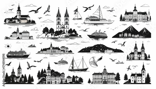 A collection of black and white travel icons depicting European coastal towns, historic architecture, islands, and sea vessels