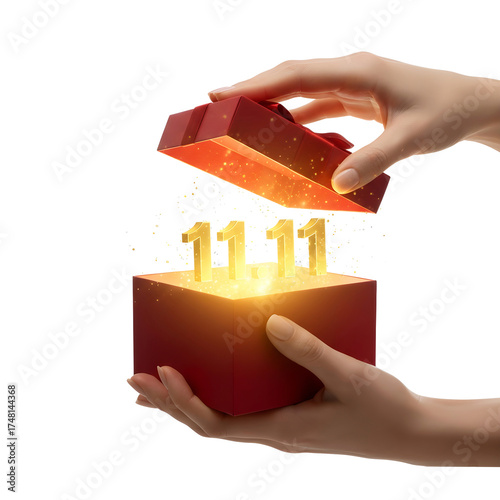 A pair of hands opens a red gift box revealing glowing golden numbers 1111. The background is transparent, emphasizing the sale concept.