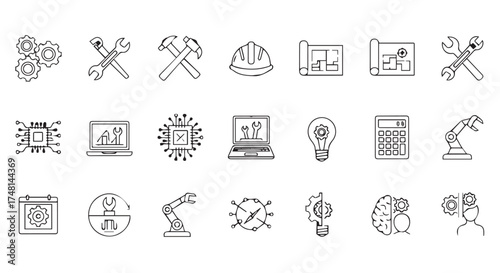 Engineering and technology icons with a handdrawn sketch style, featuring tools, machinery, and digital elements, isolated on transparent background