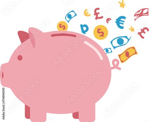 A pink piggy bank illustration representing financial savings, investment, and accumulating global currency
