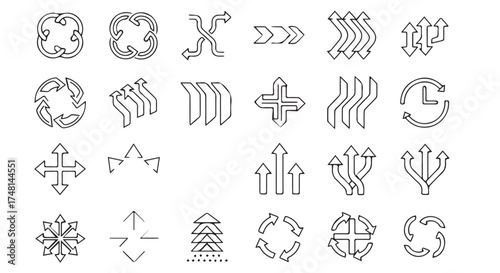 Collection of arrow and direction icons in a sketch style, representing movement, cycles, and choices, isolated on transparent background