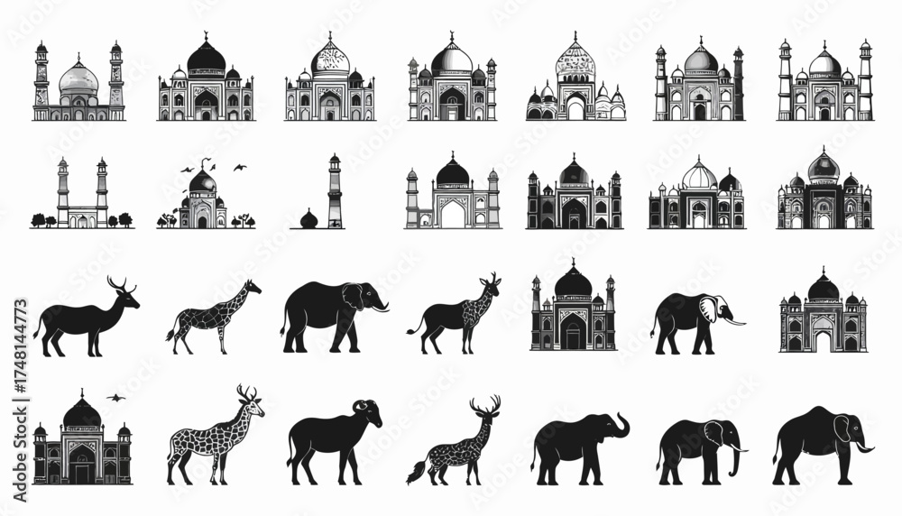Fototapeta premium Architectural and Wildlife Silhouettes A Journey Through Global Icons and Natural Beauty