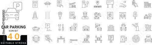 Car Parking Line Icon Set with editable stroke, featuring parking area, car, garage, signboard, ticket, location, and transportation symbols in a clean thin linear vector style.