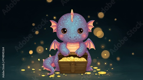 Adorable blue dragon with wings and treasure chest brimming with gold coins
