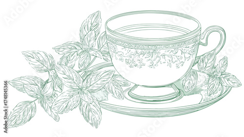 Elegant Aromatic Mint Tea in Delicate Ornate Cup with Saucer and Steam Leaves Vector Illustration