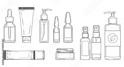 Collection of cosmetic bottles and containers isolated on transparent background