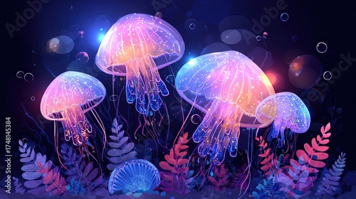 Bioluminescent jellyfish glow pulsating softly amid aquatic plants and bubbles