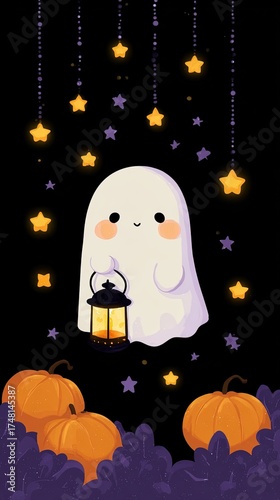 Adorable cartoon ghost with lantern pumpkins stars and purple foliage on black background