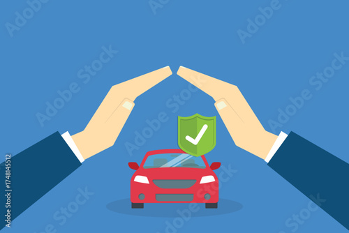 Car with a protective hands. For security concepts, protection of private property. Insurance, mortgage, credit.	