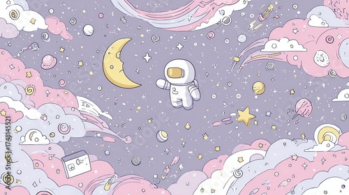 Cute astronaut floating in a dreamy pastel space with moon stars planets and clouds