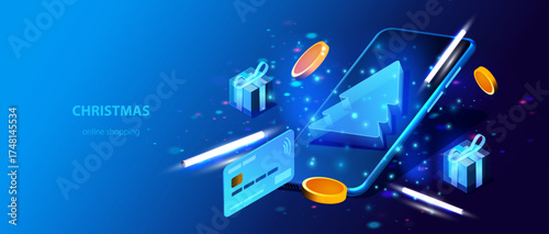 Christmas online shopping vector banner with phone, tree and gift box. Buying Holiday gift concept. Isometric x-mas background.