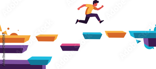 A person jumping across colorful platforms, symbolizing success and overcoming obstacles in a dynamic, abstract environment