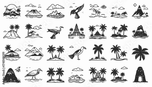 A Collection of Hand-Drawn Tropical Islands, Volcanoes, and Birds in a Sketchy, Vintage Style