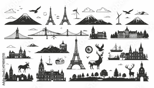 Iconic Landmarks and Nature Elements Vector Illustrations for Design and Travel Concepts