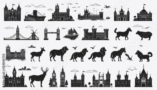Detailed silhouette icon collection of historic European architecture, famous landmarks, and kingdom animals