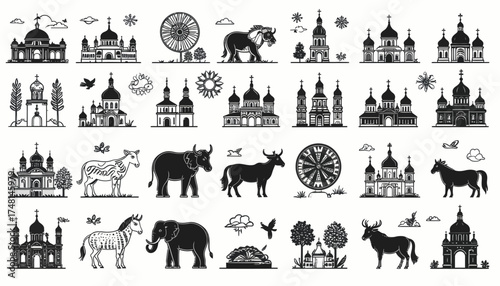 Collection of Black and White Vector Icons Depicting Various Architectural Structures and Animals
