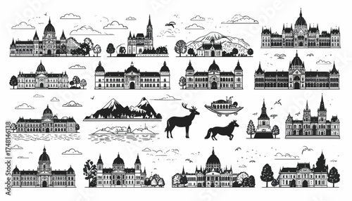Vector line art collection of Budapest's most famous landmarks, including historical architecture and cultural symbols of Hungary
