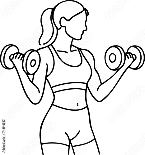 Vector line art of a woman in workout clothes lifting dumbbells with a ponytail up