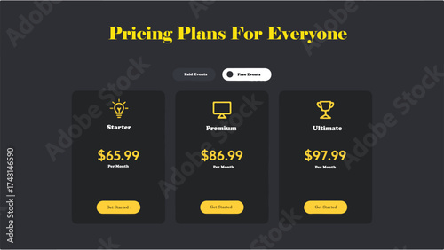 Pricing plan comparison table for website vector design template with three options suitable for business and service websites