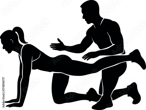 Vector silhouette illustration of a man assisting a woman with a leg exercise
