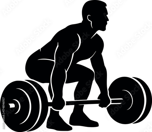 Vector silhouette of a man preparing to lift a barbell from the floor in a deadlift pose