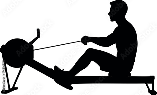 Vector silhouette of a man using a rowing machine for exercise and fitness workout
