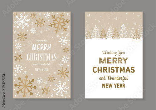 Christmas cards with golden tree and snowflake. Set. Vector illustration