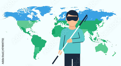 An illustration of a visually impaired person with a white cane standing in front of a world map, symbolizing global awareness of blindness and accessibility.