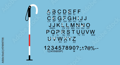 An illustration of a white cane for the visually impaired alongside the Braille alphabet, numbers, and symbols.
