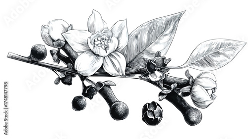 Cloves Flower Branch with Buds and Spice Vector Illustration
