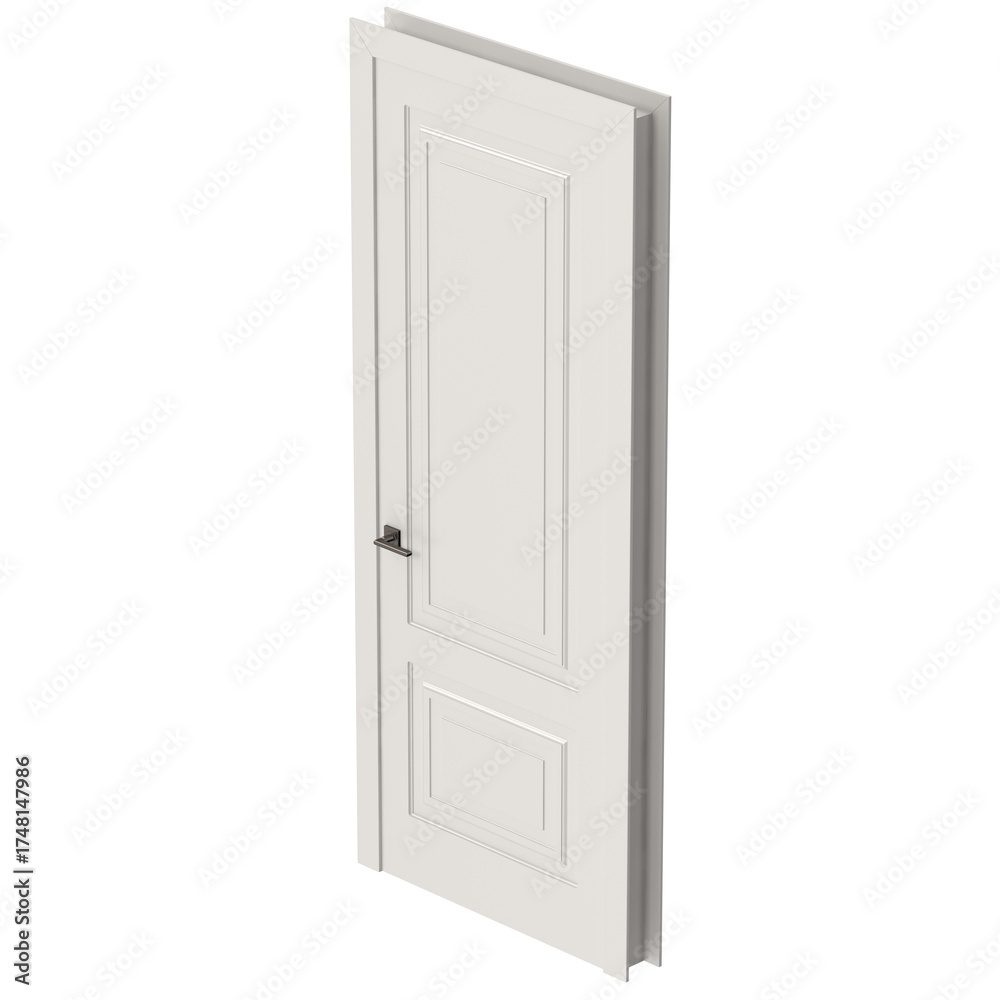 Naklejka premium A pristine white door, showcasing a classic design with recessed panels and a sleek, contemporary handle, stands out against a clean white background.