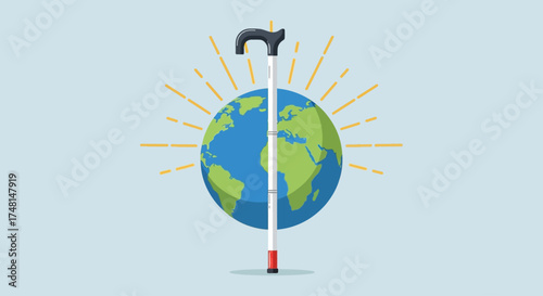A walking cane stands upright in front of a glowing Earth, symbolizing global support and assistance.
