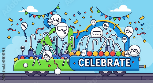 Festive parade float illustration with balloons, confetti, and a 'Celebrate' banner, cheerful design.