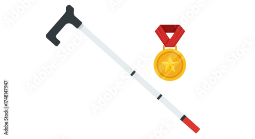 A white walking cane with a black handle and a gold medal with a red ribbon.