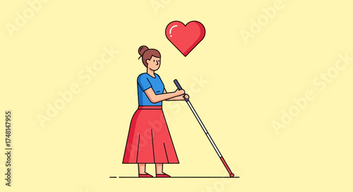 A visually impaired woman using a cane, with a red heart floating above her head, showing love.