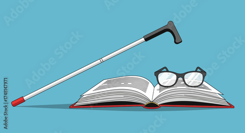 Illustration showing a white cane resting near an open book with eyeglasses on top, against a light blue background.