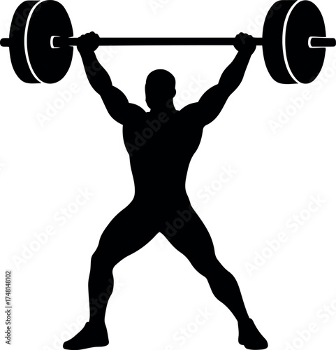 Vector silhouette of a weightlifter holding a barbell overhead in a powerlifting pose