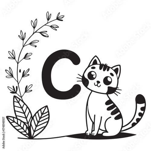 Cute cat with letter c isolated on white background, featuring playful design and adorable illustration for educational and decorative purposes