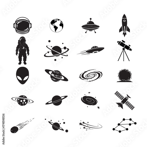  Space exploration icons set, astronaut, rocket, UFO, alien head, planets, telescope, satellite, galaxy, silhouette, constellation