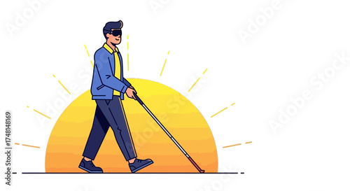 Illustration of a visually impaired person walking with a cane in front of a bright sun.
