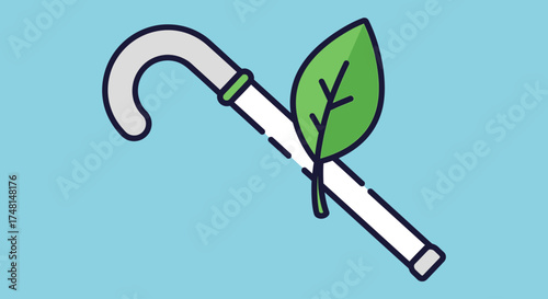 A simple illustration of a walking cane with a single green leaf attached, on a light blue background.