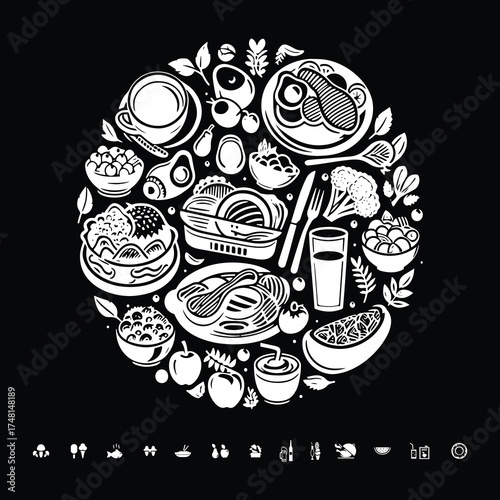 A diverse array of delicious dishes and beverages arranged in a circular composition celebrating culinary tradition and flavorful enjoyment